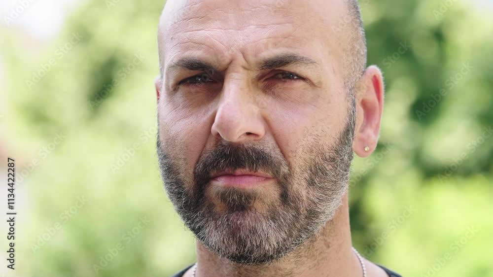 Extreme close-up of a bald man turning to look at the camera with a serious and menacing expression, capturing a moment of intense emotion. Extreme close-up of a bald man turning to look at the camera with a serious and menacing expression, capturing a moment of intense emotion.