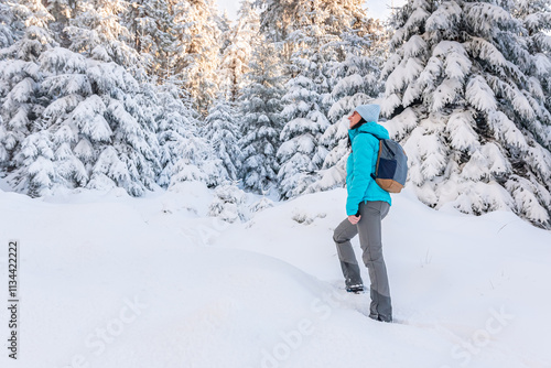 Obraz na płótnie Eastern Sudetes, Young woman hikes on a mountain snow-covered trail, walks on white snow through the forest and looks at the snow-covered trees, winter landscape in the mountains. w salonie