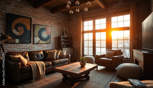 Wallpaper Mural A cozy living room with brick walls, large windows, and a wooden coffee table in the center, illuminated by warm lighting and featuring artwork and a potted plant. Torontodigital.ca