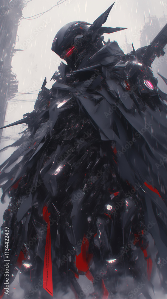 dark armored warrior with glowing red eyes stands amidst a stormy cityscape under heavy rain dark armored warrior with glowing red eyes stands amidst a stormy cityscape under heavy rain