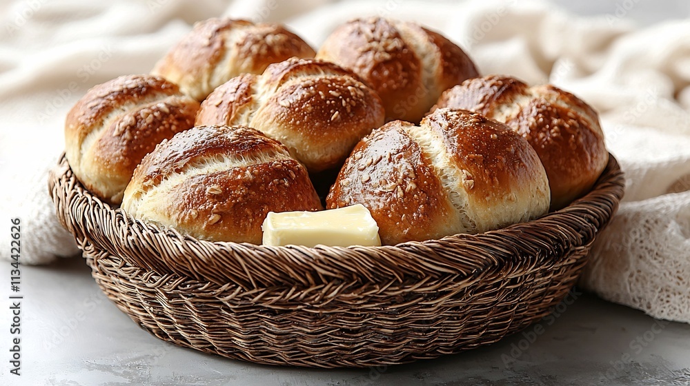 Freshly Baked Dinner Rolls in Woven Basket with Melted Butter for Family Gathering Freshly Baked Dinner Rolls in Woven Basket with Melted Butter for Family Gathering