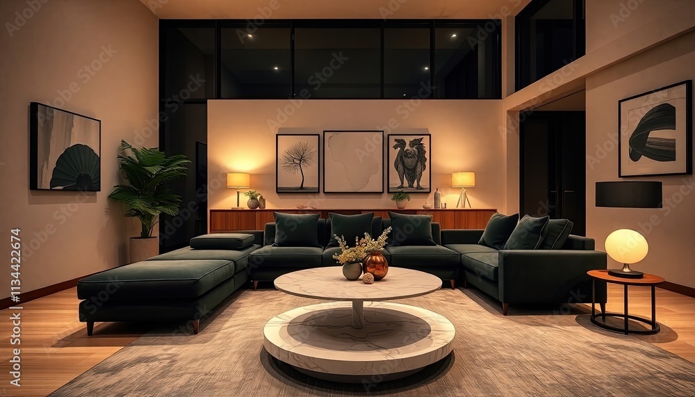A modern living room with a large green sectional sofa, a round coffee table, and various decorative elements such as artwork, plants, and lamps. A modern living room with a large green sectional sofa, a round coffee table, and various decorative elements such as artwork, plants, and lamps.