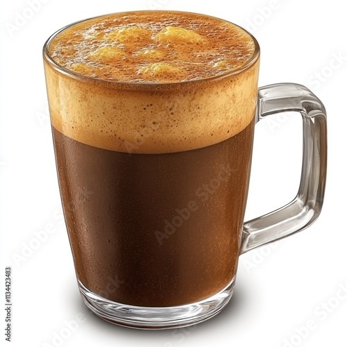 A frothy beverage in a clear mug, showcasing rich layers of coffee and cream.