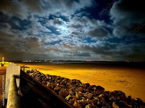 Moonlit Night Over the Bay of Somme from Le Crotoy, Illuminating Dramatic Clouds, Golden Sand, and Coastal Rocks with Village Lights on the Horizon photo