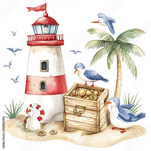 Lighthouse, Treasure Chest, and Birds in Watercolor photo