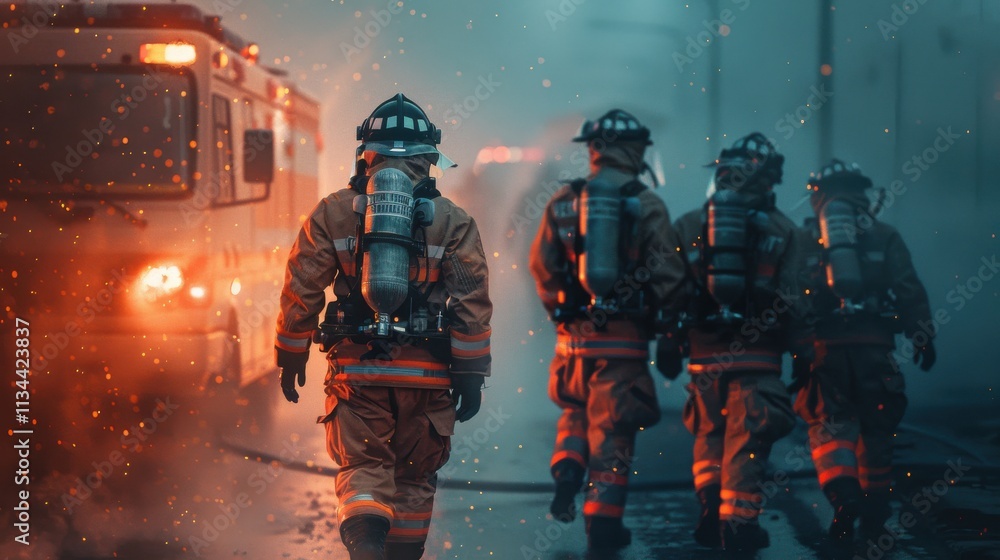 Bravery and teamwork shine through as firefighters respond to a blaze in a smoky urban environment Bravery and teamwork shine through as firefighters respond to a blaze in a smoky urban environment