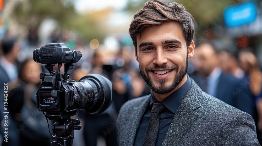 A smiling man in a suit holds a camera, capturing moments at a social event. A smiling man in a suit holds a camera, capturing moments at a social event.