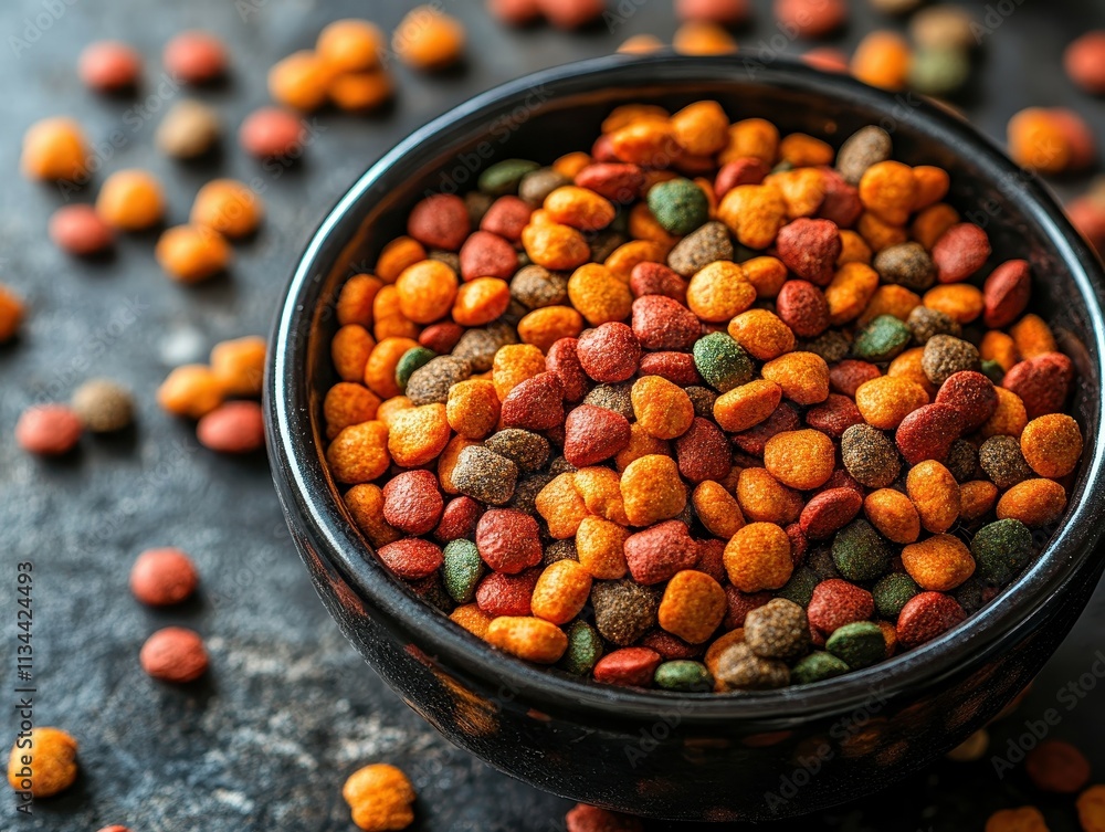 Colorful pet food in black bowl on table with scattered pellets around Colorful pet food in black bowl on table with scattered pellets around