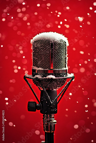 Festive Close-Up of Microphones Covered in Snowflakes Against a Vibrant Red Background with Bokeh, Perfect for Holiday and Seasonal Music Themes photo