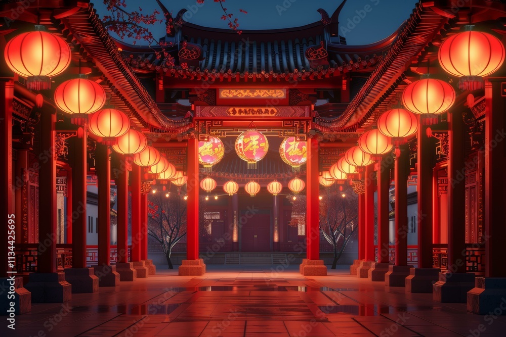 Obraz premium Chinese courtyard with red lanterns during Spring Festival