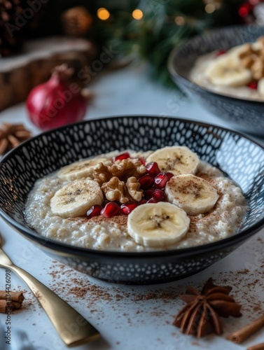 A bowl of oatmeal topped with banana slices, pomegranate seeds, and nuts, set for breakfast.