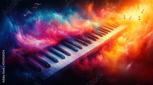 Piano keys engulfed in vibrant, swirling, fiery and icy clouds; musical notes float amidst the colors. photo