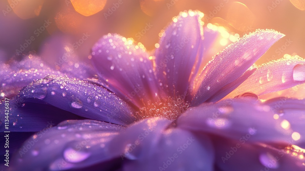 Fototapeta premium A close-up of a lavender bloom, its surface shimmering with dew under golden morning light