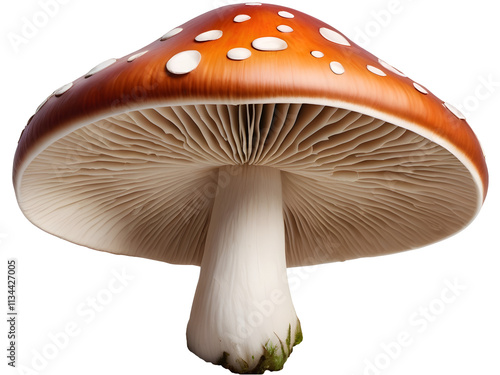 Red mushroom with white spots, realistic fungus illustration, isolated PNG, transparent background.