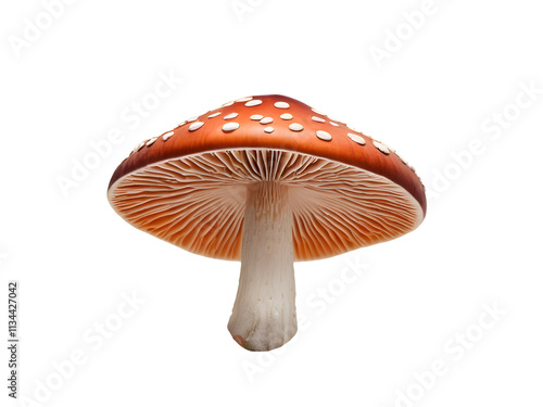 Red mushroom with white spots, realistic fungus illustration, isolated PNG, transparent background.