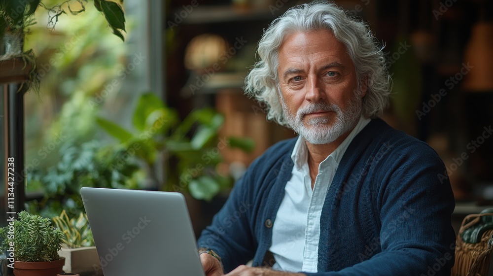 Mature man working on a laptop in a cozy environment Mature man working on a laptop in a cozy environment