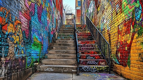 Colorful Graffiti Covered Stairs in Vibrant Urban Alleyway with Brick Wall Textures
