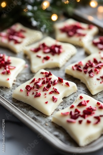 A tray of white chocolate treats topped with red sprinkles, perfect for festive occasions.