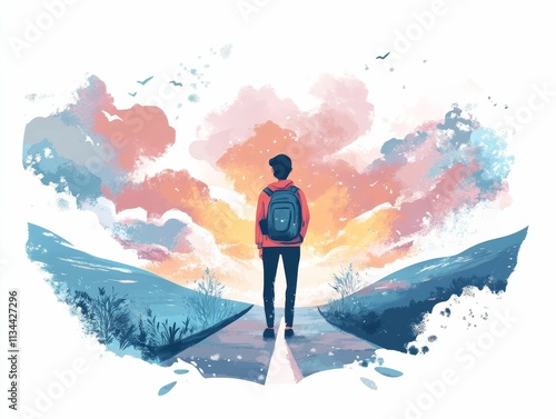 Person with backpack walks toward painted sunset.