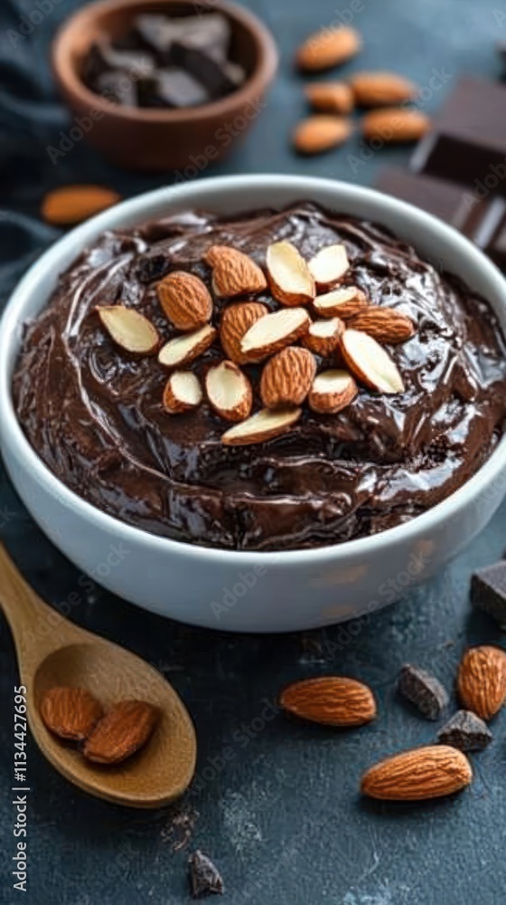 A bowl of rich chocolate mousse topped with sliced almonds, perfect for dessert. A bowl of rich chocolate mousse topped with sliced almonds, perfect for dessert.