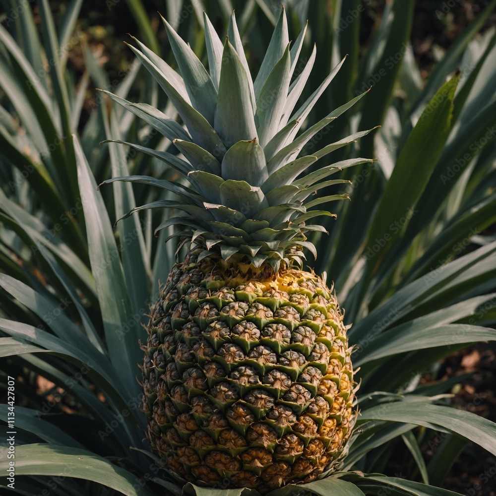 A whole pineapple with a detailed crown of leaves. A whole pineapple with a detailed crown of leaves.