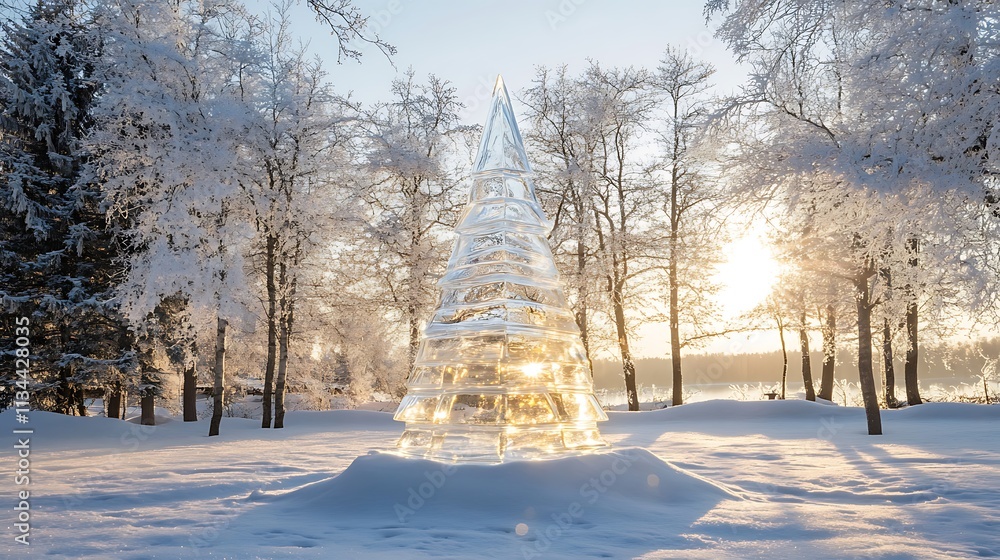 A glass Christmas tree reflecting sunlight in a winter landscape surrounded by snow-covered trees A glass Christmas tree reflecting sunlight in a winter landscape surrounded by snow-covered trees