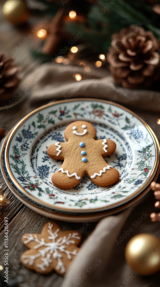 A festive gingerbread man cookie on a decorative plate, surrounded by pine cones and lights. A festive gingerbread man cookie on a decorative plate, surrounded by pine cones and lights.