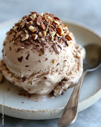 A scoop of ice cream topped with chopped nuts on a plate, ready to be enjoyed.
