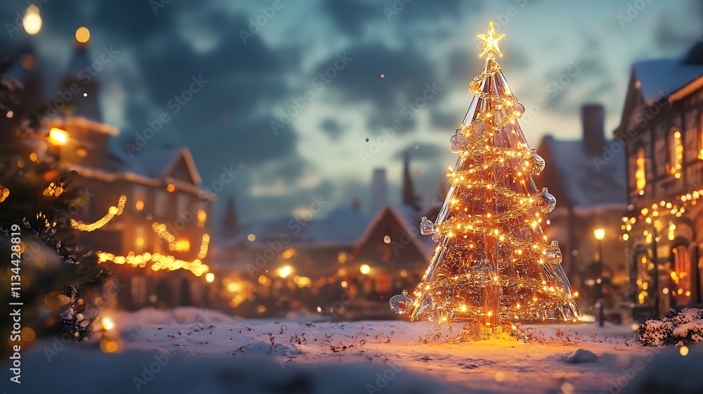A glass Christmas tree standing in a snowy town square glowing with warm light A glass Christmas tree standing in a snowy town square glowing with warm light