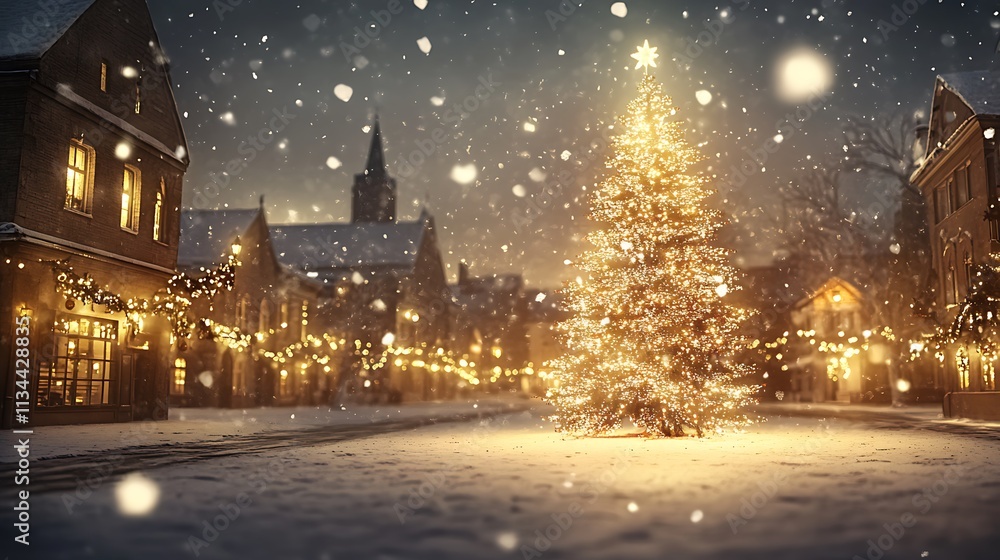 Fototapeta premium A glass Christmas tree standing in a snowy town square glowing with warm light
