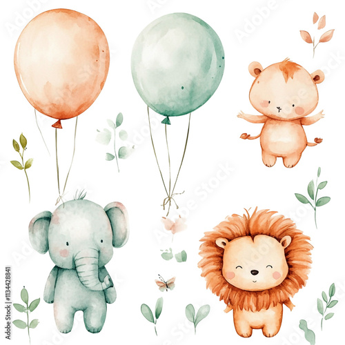 Adorable Watercolor Animals on Balloons: Elephant, Lions, and Balloons