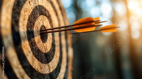 This image shows arrows accurately striking the bullseye of a target board, highlighting themes of achievement, skill, and concentration in sportsmanship. photo