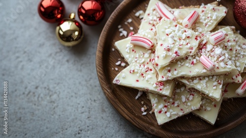 A plate of white chocolate peppermint bark, garnished with crushed candy canes, for festive enjoyment.