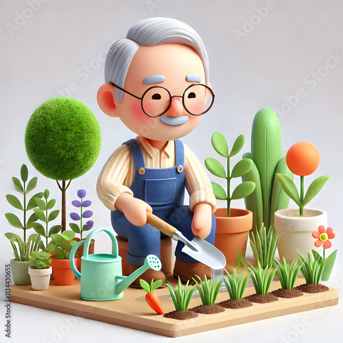 3D Senior man gardening with a plain background and copy space concept as A close up of a senior man tending to his garden set against a plain background with copy space highlighting the joy and satis photo