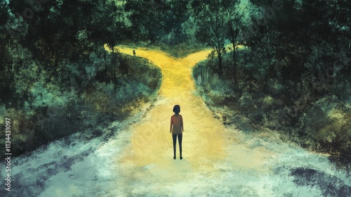 Person contemplates diverging paths, forest backdrop.