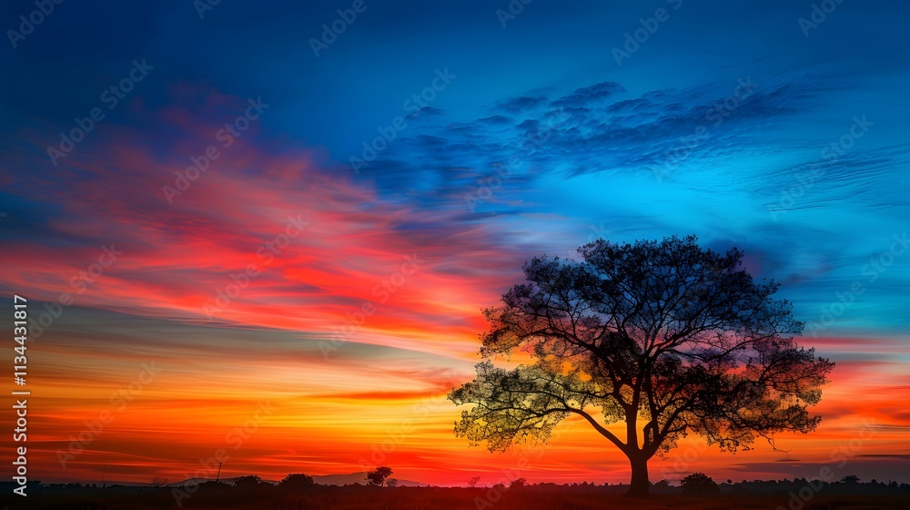 Majestic Sunset Over a Solitary Tree Silhouette Against Vibrant Sky Colors Majestic Sunset Over a Solitary Tree Silhouette Against Vibrant Sky Colors