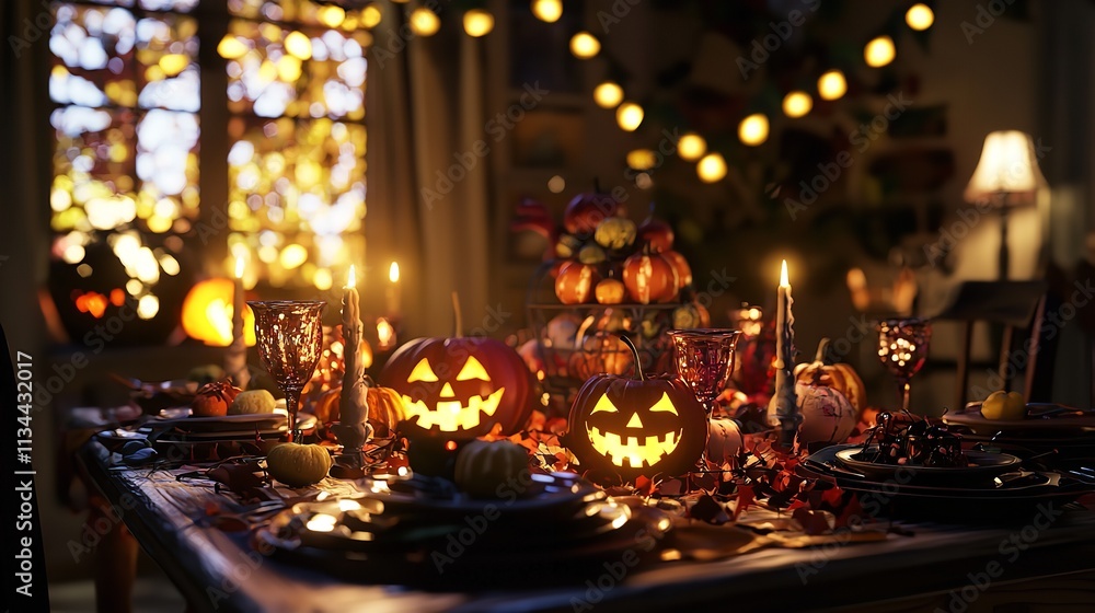 Decorated Halloween Dinner Table with Eerie Lighting Decorated Halloween Dinner Table with Eerie Lighting