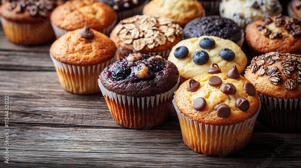 Assortment of Freshly Baked Muffins in Rustic Wooden Setting Symbolizing the Joy of Homemade Baking Assortment of Freshly Baked Muffins in Rustic Wooden Setting Symbolizing the Joy of Homemade Baking