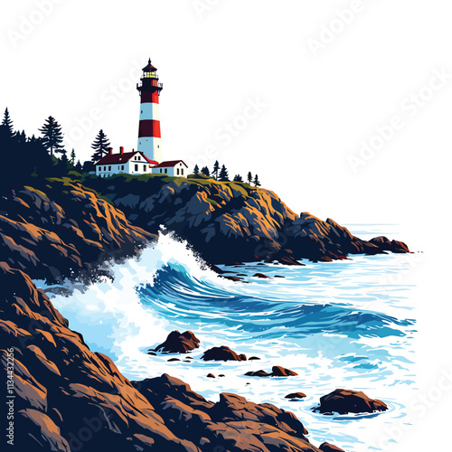 a lighthouse on a rocky shore with waves crashing