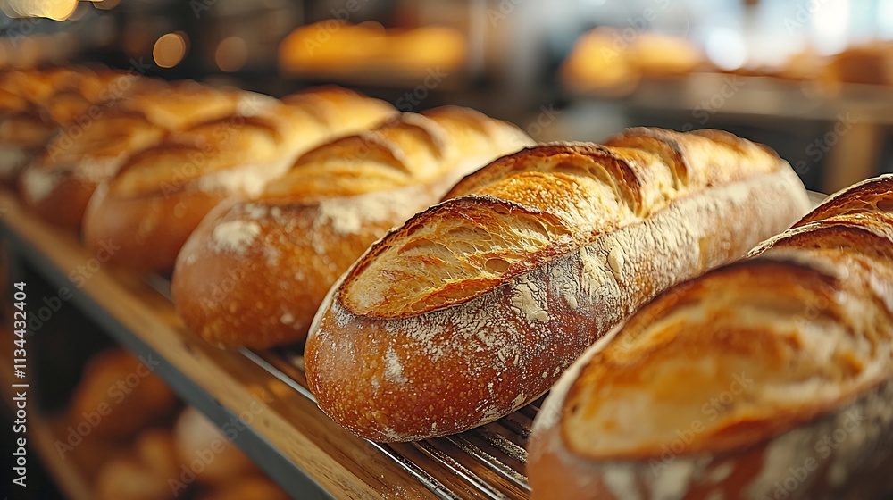 Freshly Baked Golden Crisp Baguettes Lined Up on Bakery Rack Artisanal Breadmaking Concept Freshly Baked Golden Crisp Baguettes Lined Up on Bakery Rack Artisanal Breadmaking Concept