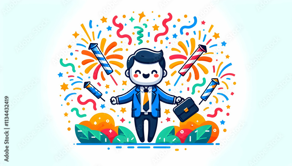 Naklejka premium Vibrant Flat Colorful Fireworks Exploding Confetti White Background Vector Illustration for Event Celebration Party Infographics
