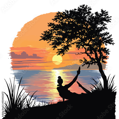 a man sitting under a tree at sunset