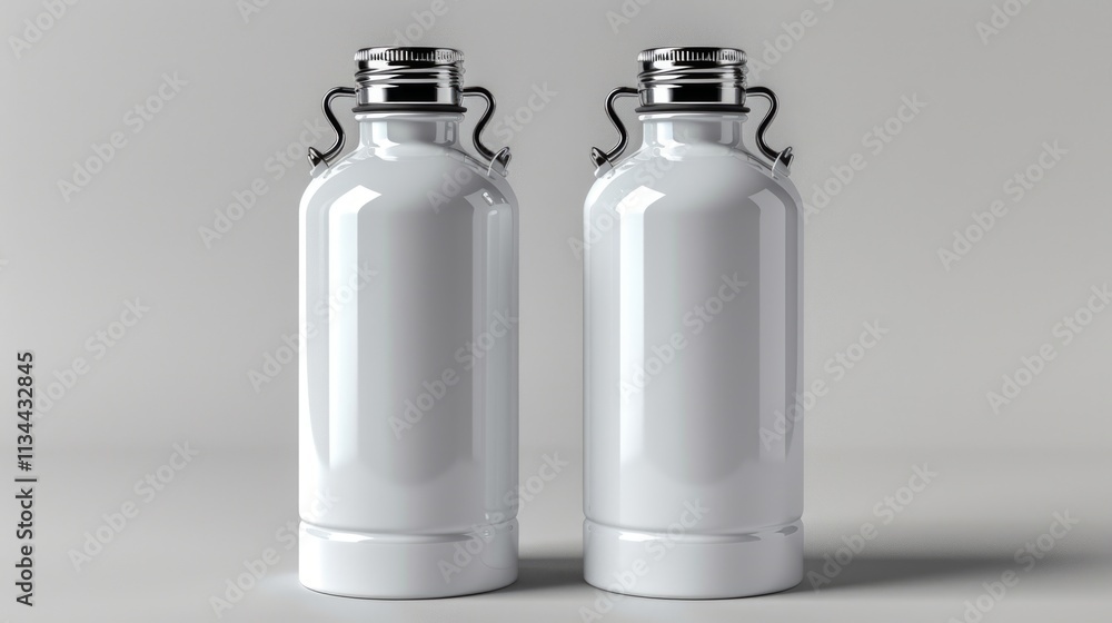 Two white metal jugs with metallic lids sit on a gray background. Two white metal jugs with metallic lids sit on a gray background.
