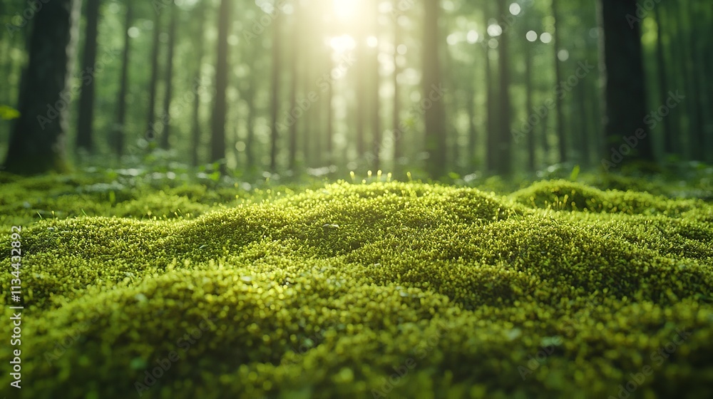 Beautiful forest with moss and sunlight, a few pebbles scattered on the ground, whimsical, hyper-realistic, high-resolution photography, cinematic lighting Beautiful forest with moss and sunlight, a few pebbles scattered on the ground, whimsical, hyper-realistic, high-resolution photography, cinematic lighting