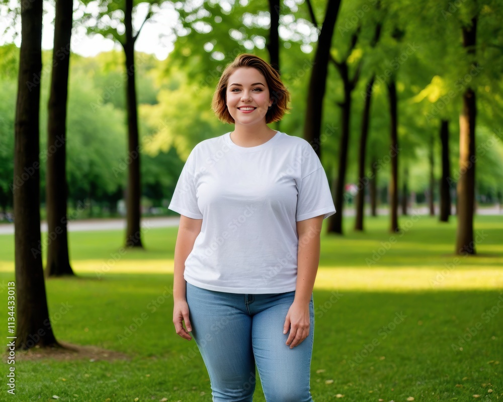 Plus size young woman with short hair wearing white oversized t-shirt and jeans standing in the park Plus size young woman with short hair wearing white oversized t-shirt and jeans standing in the park