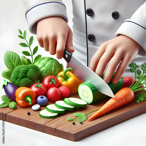 3D Close up of chefs hands chopping fresh vegetables concept as Detailed shot of a chefs hands skillfully chopping colorful fresh vegetables on a cutting board highlighting food preparation and nutrit photo