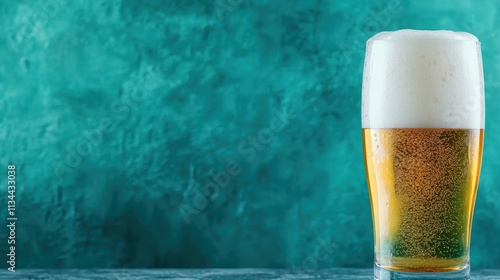 An elegant glass of beer with a frothy top, set against a calm teal background, symbolizing tranquility and leisure in a refined drinking experience. photo