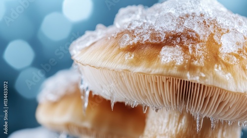 Close-up of mushrooms with ice crystals, showcasing nature's beauty in winter with a focus on textures and the pristine quality of frost and fungi details. photo