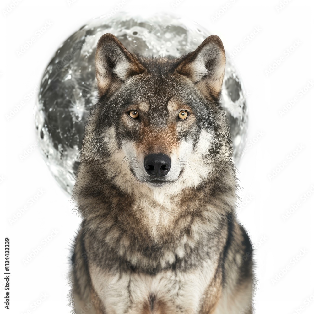 Portrait of a beautiful wolf with intense gaze, posing against backdrop of a full moon Portrait of a beautiful wolf with intense gaze, posing against backdrop of a full moon