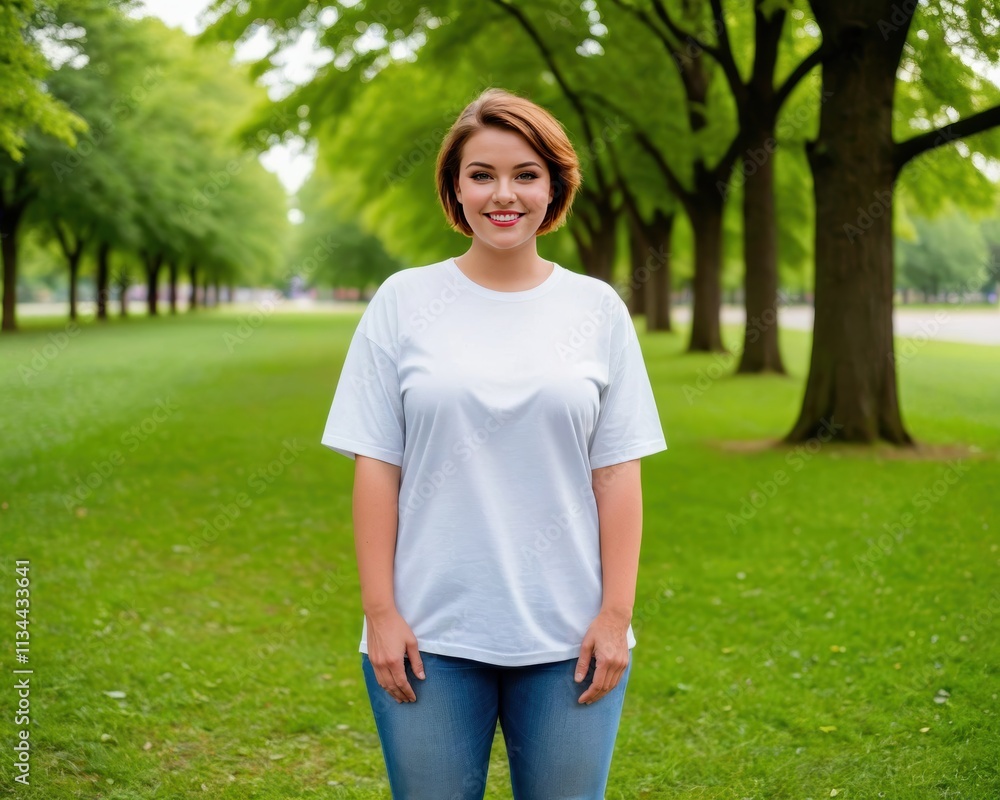 Plus size young woman with short hair wearing white oversized t-shirt and jeans standing in the park Plus size young woman with short hair wearing white oversized t-shirt and jeans standing in the park